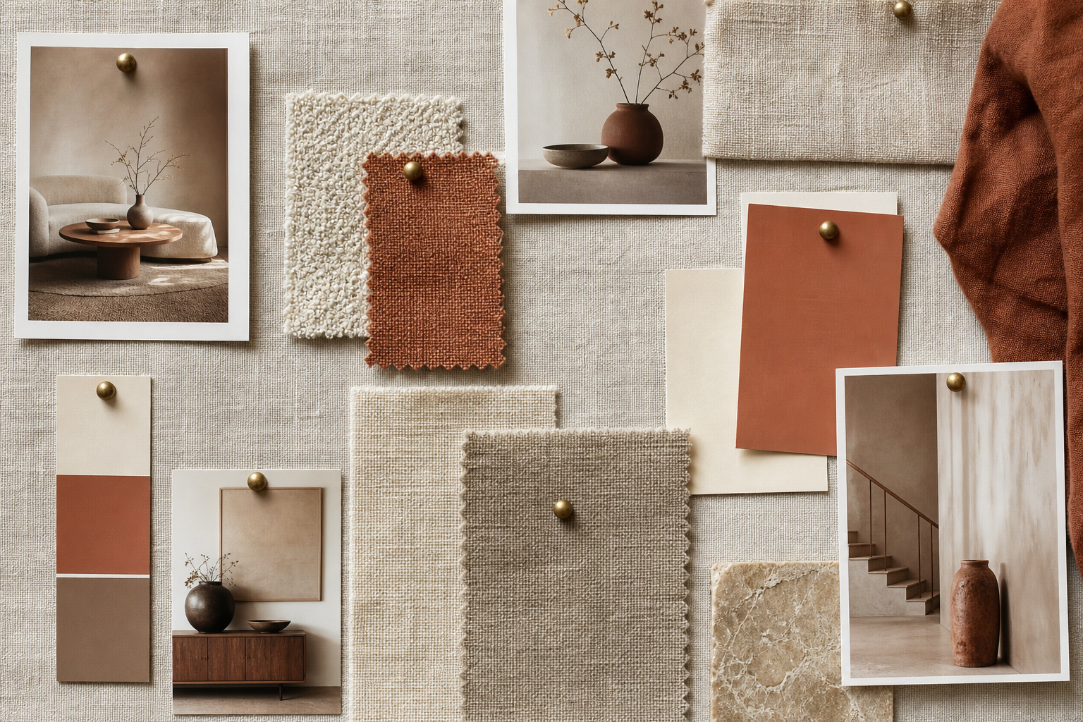 Moodboard avec échantillons de tissus et peintures